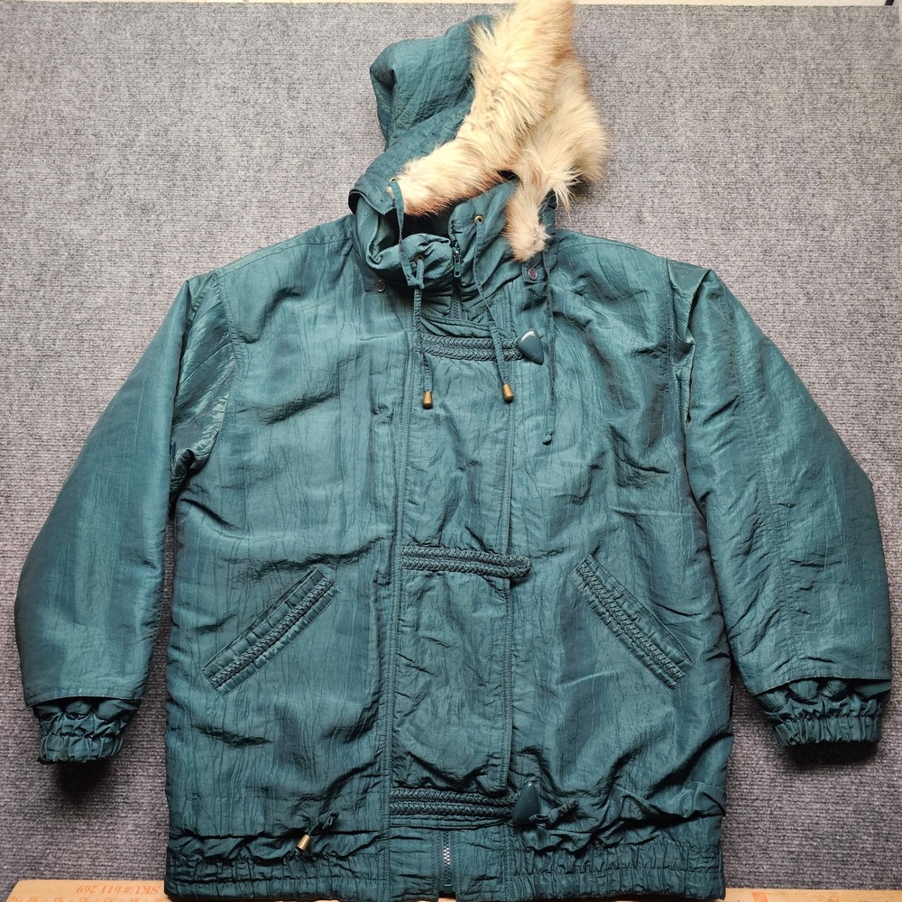 Vintage Izzi Teal Green Iridescent Parka Fox Fur Trim Hood Toggle Jacket Small
